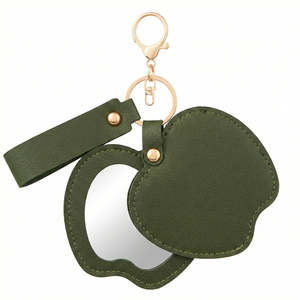 Apple-Shaped PU Leather Compact <b>Mirror</b> Keychain Red Double-Sided Travel Pocket <b>Mirror</b> With Swivel <b>Foldable</b> Design - Product Image 2