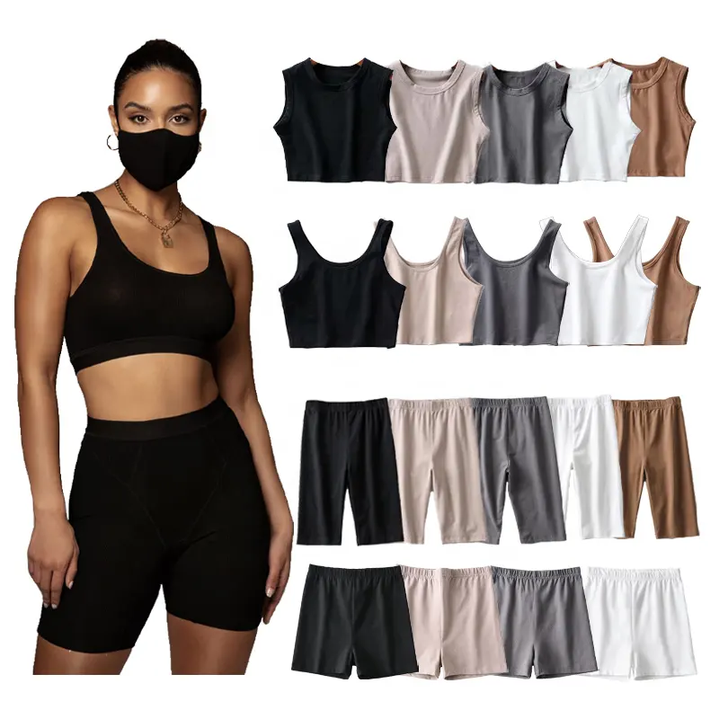 High Quality Women Black Crop Top And Biker Shorts Sets Summer Custom Print Logo Outfit Two Piece Cycling Short Set