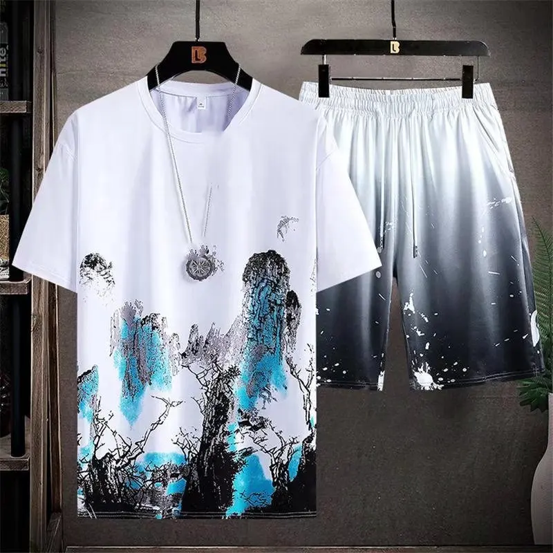 Chinese Style Landscape Painting T-shirt Men's Sports Casual Short Set Summer Ice Silk Thin Trend Short Sleeve Men's Shorts Set