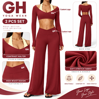 GH Promotion Ensemble de Yoga Halter Superposé Coupe Ajustée Manches Longues Effet Ventre Plat et Remonte-Fesses Pantalon Évasé Fitness 2 Pièces pour Course et Yoga