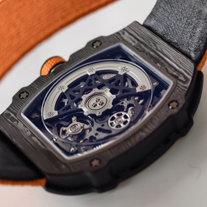 Montre-bracelet noire pour homme, boîtier en fibre de carbone, chronographe, squelette, <span class=keywords><strong>mécanique</strong></span>, ultra-fine 7,8 mm, bracelet en nylon <span class=keywords><strong>orange</strong></span>, sport, modèle 6702 - Product Image 6