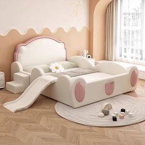 현대적인 디자인의 귀여운 어린이 침대, 슬라이드와 수납공간이 있는 부드러운 소재의 키즈 침대 프레임, 안전 가드레일 포함 (남아, 여아용) - Product Image 4