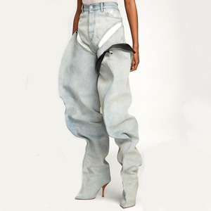 Women Super Loose Upper Over Knee High Pants Boots Pointed Toe Baggy Long <b>Booties</b> High Heels Trousers Denim Wide Fit Shoes - Product Image 4