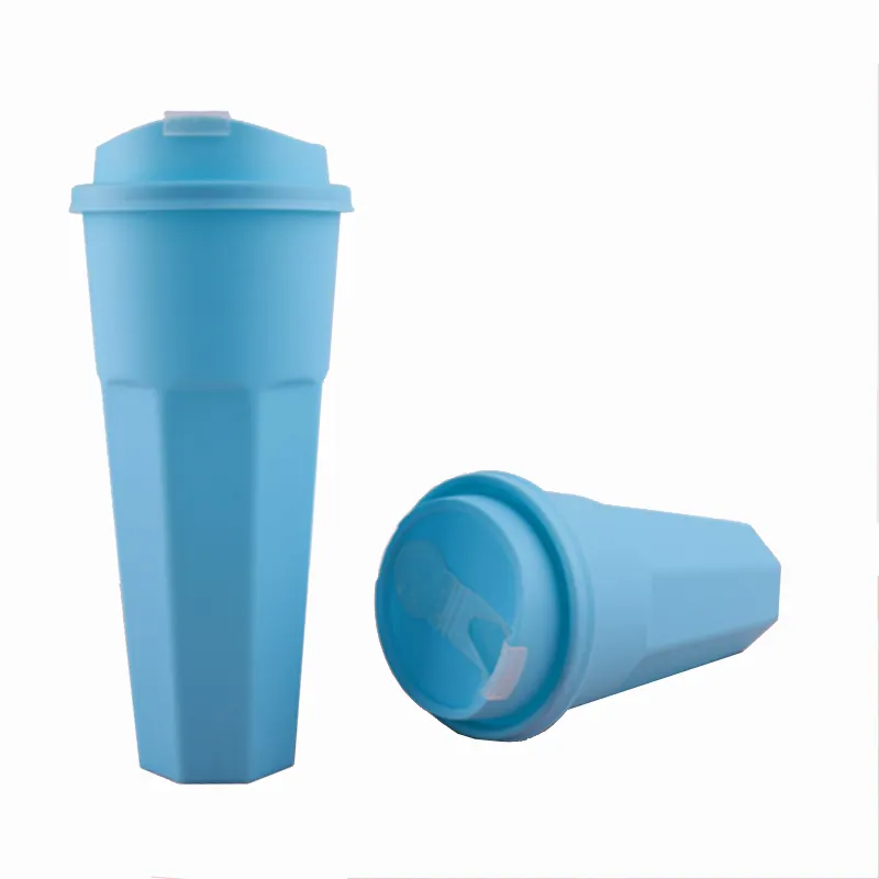 24oz Solid Color Prismatic Shape Hard Disposable Plastic Boba Tea Cups in Light Blue Color with Snap Lid