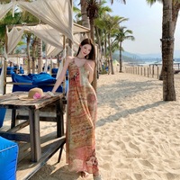Robe longue bohème imprimée à fines bretelles, col en V, tissée, mignonne, naturelle, lavable, pour la plage et les vacances d'été