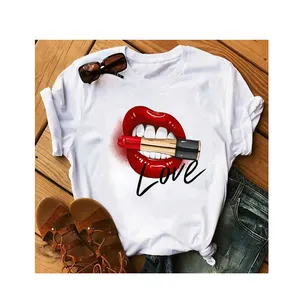 Women Tops Red Mouth Lip Love Print T Shirts Base O-Neck Short Sleeve Women Tshirt All-match White Tee Funny girls Shirt
