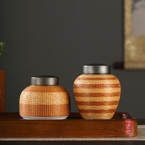 Handmade Bamboo Woven Ceramic Tea Caddy Screw Cap Airtight Jar For Pu'er Tea Storage - Product Image 5