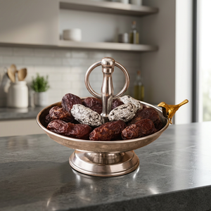 Cuenco de acero inoxidable para servir dátiles con pedestal y asa de anillo, elegante bandeja para frutas secas para decoración de mesa y hospital, ideal para Ramadán. - Product Image 3