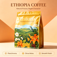 Sachet de café personnalisé imprimé, qualité alimentaire, à fond carré, scellé sur huit côtés, en feuille mate, avec fermeture éclair et valve de dégazage unidirectionnelle pour café torréfié