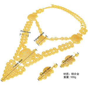 Collier et boucles d'oreilles de mariée du Moyen-Orient Dubaï <span class=keywords><strong>Bijoux</strong></span> de mariage pour femmes africaines Ensemble deux pièces Plaqué or 24 carats <span class=keywords><strong>Cadeau</strong></span> en gros - Product Image 5