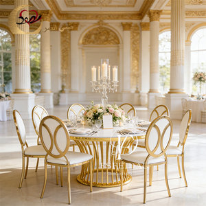 ชุดโต๊ะรับประทานอาหารทรงกลมดีไซน์หรูหราทันสมัย ท็อป MDF โครงเหล็กกล้าไร้สนิมสีทอง เหมาะสำหรับงานอีเว้นท์และปาร์ตี้ - Product Image 2
