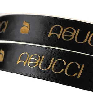 OEM Customized logo printing gold foil printed black satin ribbon 3D gold foil 1inch ribbon