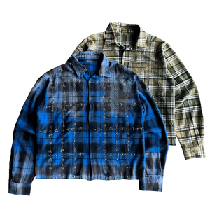 Camisas de franela con diamantes de imitación a cuadros con botones de manga larga de gran tamaño Vintage desgastadas lavadas con ácido bordadas con logotipo personalizado - Product Image 2