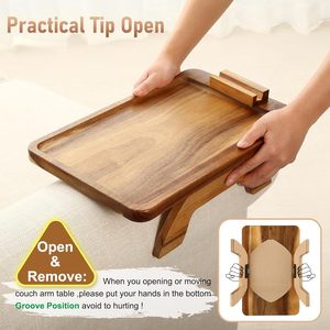 Tables d'accoudoir de canapé <span class=keywords><strong>en</strong></span> bois d'acacia avec rotation <span class=keywords><strong>à</strong></span> 360° °   Support de téléphone, plateau portable pour accoudoir de canapé pour boissons et collations - Product Image 4