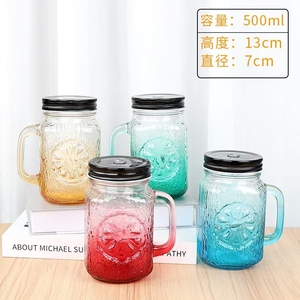 Wholesale 16oz Glass Cups Colored Mason Jar With Handle and <strong>Straw</strong> for Iced Coffee <strong>Milkshake</strong> Smoothie Tea - Product Image 2