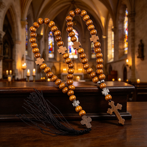 Collier élégant de chapelet catholique en acrylique coloré avec pendentif cœur, croix, Santiago et Saint Benoît pour femme - Product Image 3