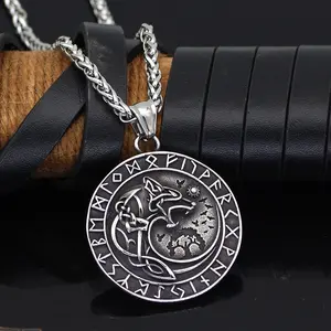 Nordic Celtic Wolf Stainless Steel Pendant Necklace Rune Letter Golden Wolf Pattern Amulet Accessories Norse Viking Jewelry