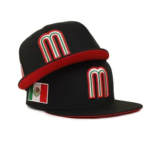 Wholesale Hat Mexico Cap 3D Embroidered Logo Polyester New E Custom Close Cap Flat Baseball Brim Fitted Caps For Men