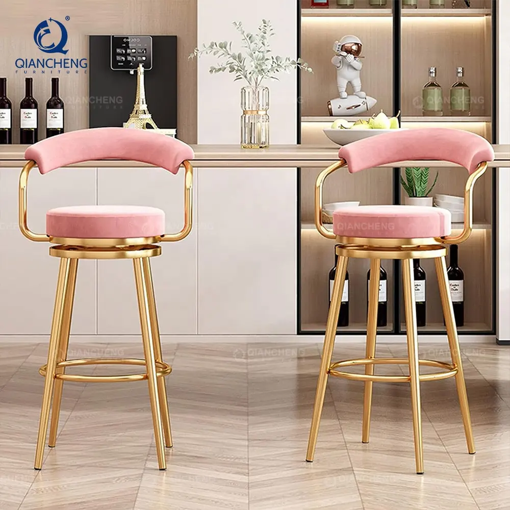 Wholesale customization stainless steel swivel luxury french style pink velvet kitchen modern island high bar chairs