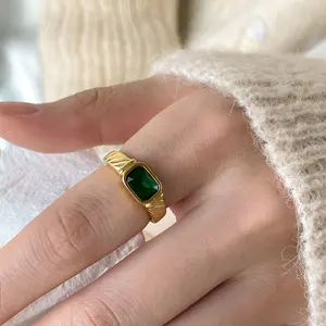 Luxury 18k Gold Plated Square Green Emerald Rings Stainless Steel CZ Diamond Gemstone Ring For Women Girls Finger Jewelry