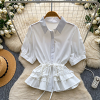 Chemisiers d'été pour femmes à manches courtes, col chemise, volants, taille à cordon, élégants, style peplum, pour le bureau
