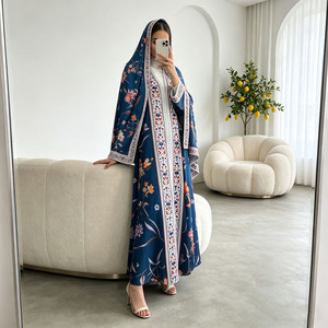 Floral Print Abaya <b>Set</b> for Women Deep Chiffon Open Front Hooded Muslim Dress with Hijab Ramadan Eid <b>Modest</b> Wear Kaftan - Product Image 4
