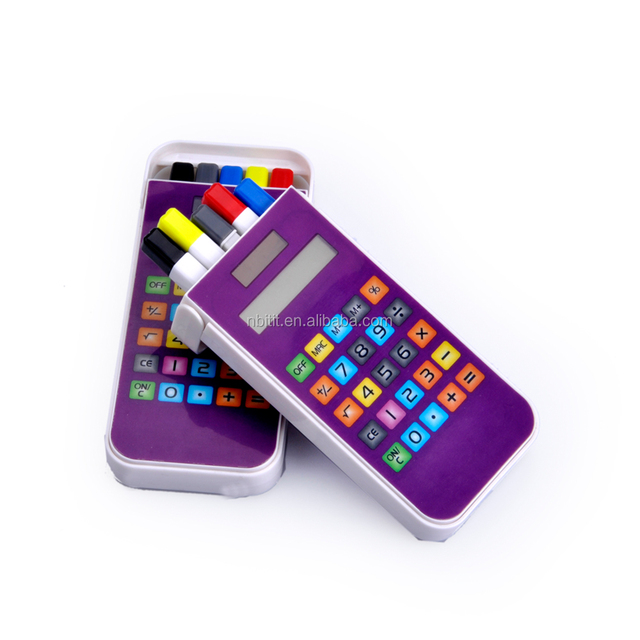Hot Selling 8 Digit Solar Plastic iPhone Shape Purple Calculator with Five Pen Set