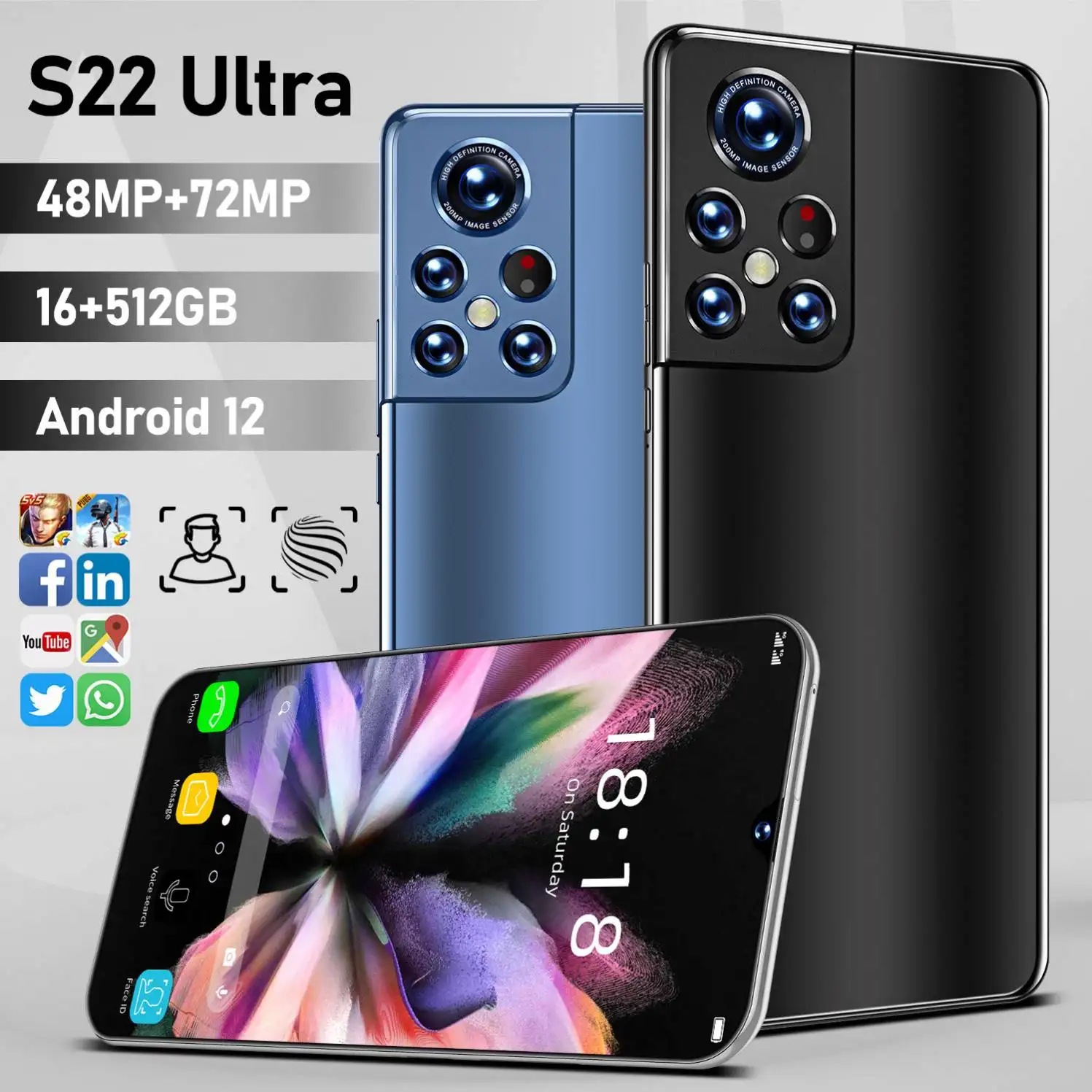 5G Smartphone S22 Ultra 6.9 Inch Full Screen 16+512GB Android Mobile Phones With Face ID Unlocked Cell Phone
