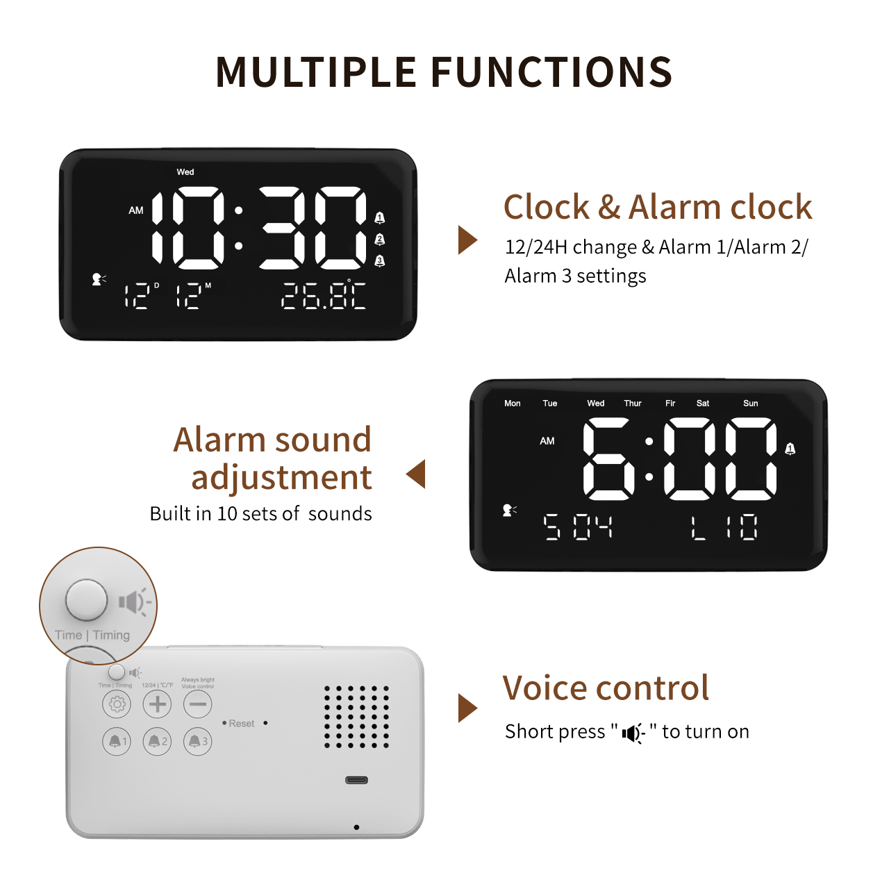 Desk LED Countdown Timer Loud Voice Alarm & Vibration Hourly Telling Time Snooze Alarm Clock Digital Talking Clock