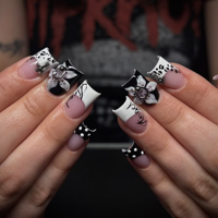 Faux ongles gothiques 3D à presser, motif léopard noir et blanc, style Y2K Cool Girl, pointes carrées, faux ongles punk avec métal 4496