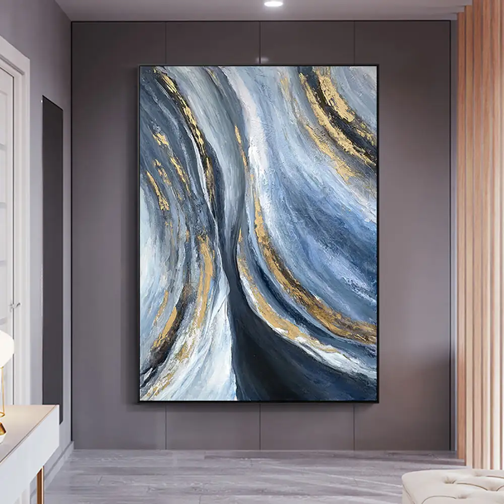 100% Hand-painted Blue Gold Hand Painted Oil Painting Wall Art Canvas Modern Abstract Gold Foil Art