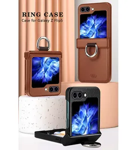 Casing ponsel dengan dudukan cincin jari, penutup belakang ponsel dapat dilipat kulit PU untuk Samsung Galaxy z flip 5