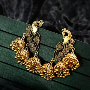 Retro Bollywood Oxidized Gypsy Jewelry Women Gold <strong>Silver</strong> Afghan Birdcage <strong>Long</strong> Chain Tassel Peacock Carved Jhumka Indian <strong>Earrings</strong> - Product Image 3
