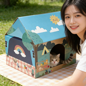 Casa de Campaña para Gatos - Estilo Picnic en el <span class=keywords><strong>Bosque</strong></span>, Refugio Interior para Mascotas, Linda Cabaña para Gatos con Diseño de Dibujos Animados - Product Image 1