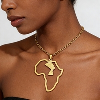 Collier pendentif Carte d'Afrique Nefertiti en acier inoxydable, bijou en acier titane Tête de Reine Égyptienne pour hommes et femmes