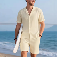 Ensemble de plage décontracté pour homme, été 2026, style européen et américain, tricoté, 100 % fibre de bambou, chemise à manches courtes rayée et short