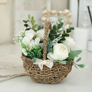 Peony Eucalyptus Bow Hand-woven Plastic <b>Flowers</b> Small Bonsai Set <b>Flower</b> <b>Basket</b> Home Decoration Graduation Crafts - Product Image 2