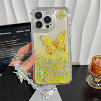 Pour Redmi 15/15C/14C/13C/A5/K70E/Note 14 Pro Plus/A3X Coque de téléphone de luxe transparente 3 en 1 avec effet papillon brillant dégradé et chaîne de perles