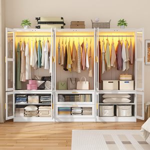 <span class=keywords><strong>Armadio</strong></span> di Lusso con Porte in Vetro LED, Ampio Guardaroba per Camera da Letto con <span class=keywords><strong>Specchio</strong></span> e Asta Appendiabiti, Mobile Contenitore in Legno Bianco - Product Image 3