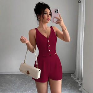 Conjunto de Dos Piezas de Verano para Mujer, Chaleco sin Mangas de Color Sólido, Elegante, Corte Regular, Pantalones Cortos de Cintura Alta con Botones - Product Image 2