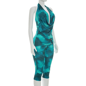 Viviblook J26ST138 Women Summer <b>Set</b> Sexy Mesh Straps Backless Halter Tank Top Cropped Pants Two Piece <b>Set</b> - Product Image 3