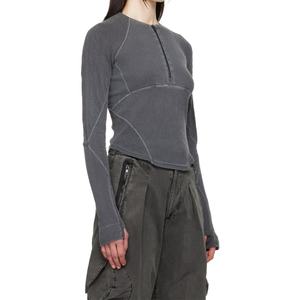 Camiseta de Manga Larga de Color Sólido, Tejido Waffle Elástico, Costuras Overlock, Orificios para Pulgares, Cuello Redondo Informal, Camisetas para Mujer, Nuevos Estilos - Product Image 2