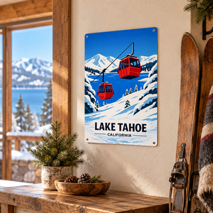 Lake Tahoe Landschaftsschöne Berge Reise-Vintage-Schilder Kalifornien Nevada Skifahren Sonnenuntergang Seeblick Roadtrip Hütten-Dekor Retro Metallschild - Product Image 2