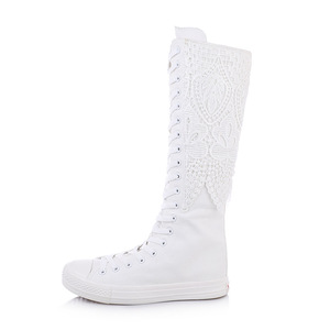 Bottes longues en dentelle, chaussures en toile, bottes plates pour femmes, fermeture éclair latérale, bottes hautes jusqu'au genou, chaussures de danse confortables pour adultes, tendance automne-<span class=keywords><strong>hiver</strong></span> - Product Image 1