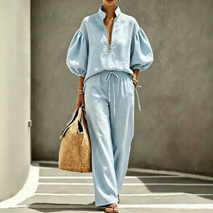 Ensemble de costume décontracté pour femme, bleu clair, demi-zip, manches lanternes, coupe ample, tailles S M L XL XXL, style Europe, Amérique, Moyen-Orient, pour le quotidien - Product Image 1