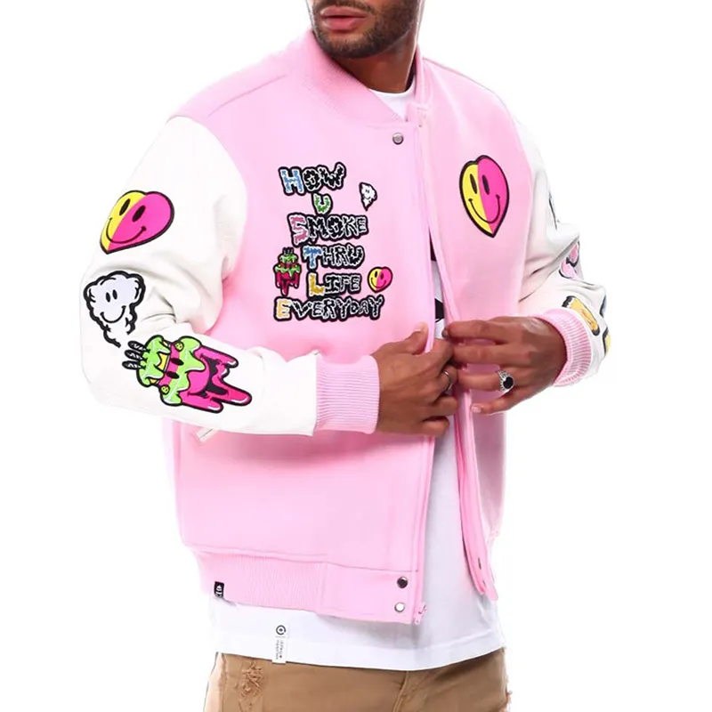OEM Custom Wholesale Leather Sleeve Chenille Embroidery Baseball Bomber Letterman Varsity Pink Casual Jacket For Men