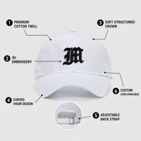 Casquette de baseball personnalisée en twill de coton blanc avec broderie 3D gothique noire, visière incurvée réglable à fermeture snapback