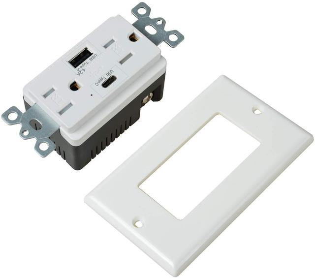 USB Wall Outlet 15A 125V Dual USB Receptacle with 1 Type-A and 1 Type-C Port Tamper Resistant for Listed
