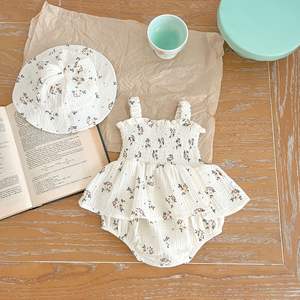 Bebek romper yaz tatlı çiçek elbise bebek kız kolsuz bebek giysileri sevimli tarama giysileri ile şapka - Product Image 1