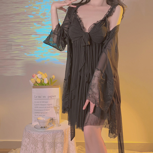 럭셔리 여성용 잠옷 거즈 메쉬 프릴 트림 나이트 드레스와 로브 투피스 세트 파자마 3181 - Product Image 5